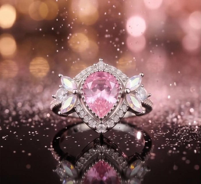 Anastasia 4.2 carat Pink Topaz .925 Sterling Silver Handcrafted Statement Ring size 6 - Close-up of Anastasia 4.2 carat pink topaz ring with sterling silver setting.