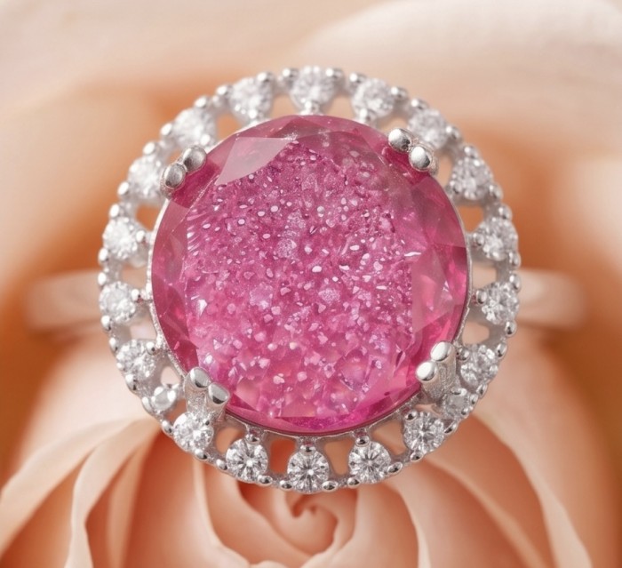 Emily 6.8 carat Brazilian Pink Tourmaline .925 Sterling Silver Handcrafted Statement Ring size 7 - Close-up of Emily 6.8 ct Brazilian Pink Tourmaline in sterling silver ring.
