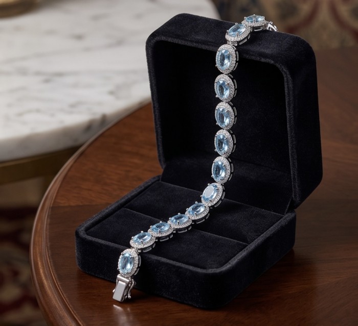 Tiffany - Magnificent 41.5 carat Swiss Blue Topaz .925 Sterling Silver handcrafted Bracelet - Swiss Blue Topaz bracelet in box, angled display on table.