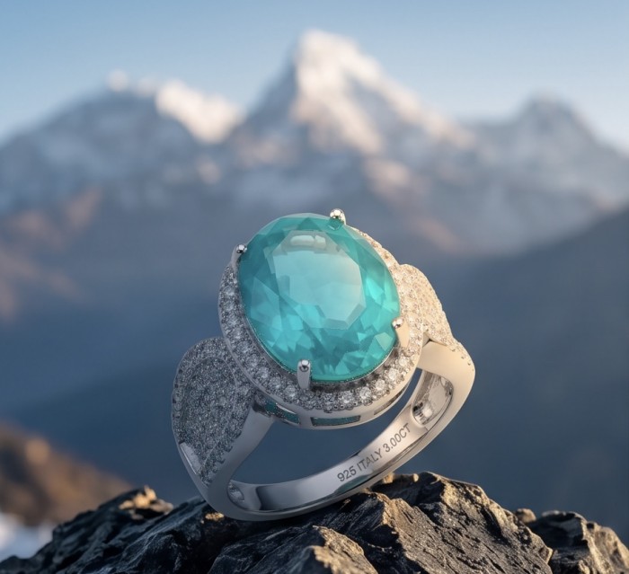 Elizabeth oval cut 10.4 carat Colombian Emerald .925 Sterling Silver dipped in rhodium handcrafted Ring size 7 1/4 - Close-up of Elizabeth emerald ring with mountain backdrop