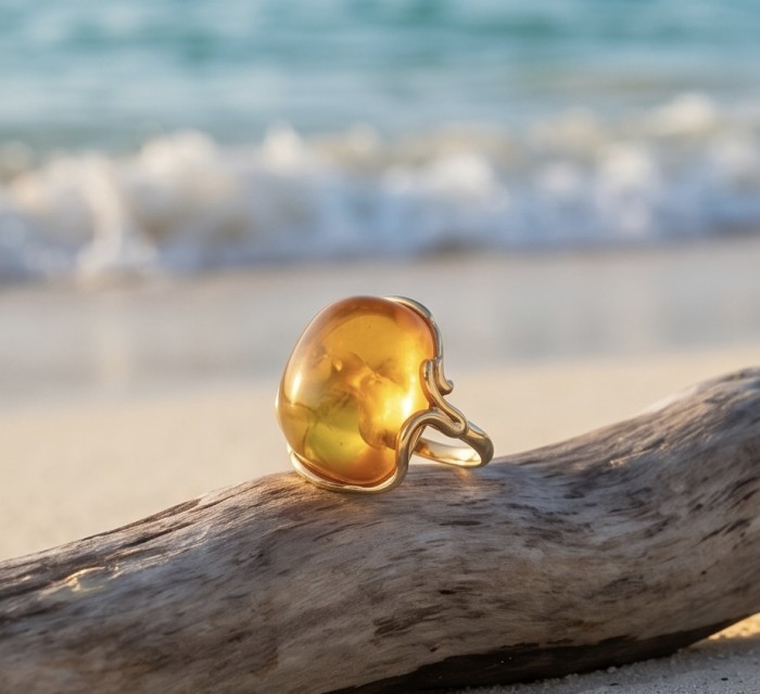 Authentic Golden Butterscotch Baltic Amber 14K Gold over .925 Sterling Silver entirely handcrafted LARGE ring; s. 7 adjustable - Golden Baltic amber ring on driftwood with beach background