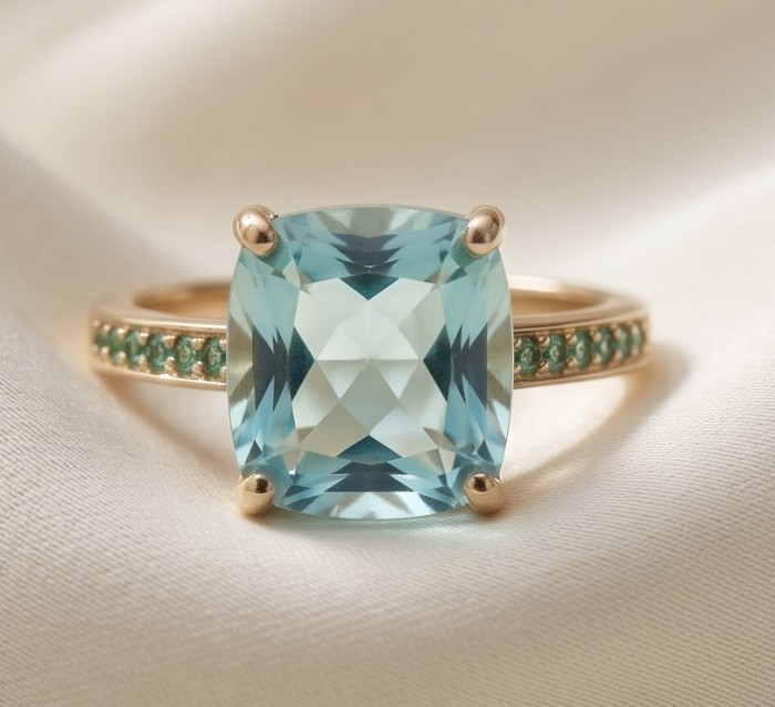 Ginevra Authentic 7.6 carat AQUAMARINE .925 Sterling Silver dipped in 18K Gold handcrafted Ring size 8 1/4 - Close-up of aquamarine ring with emerald accents on band.