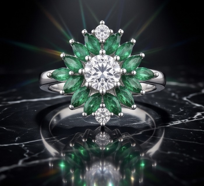 Giovanna - Authentic 5.9 carat COLOMBIAN EMERALD .925 Sterling Silver handcrafted handcrafted Ring size 7 1/4 - Colombian emerald floral ring on marble background, top view.