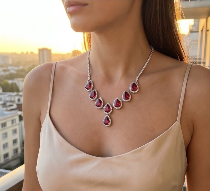 Giuseppina - Magnificent 22.7 carat authentic Ruby rhodium over .925 Sterling Silver handcrafted Statement necklace - Ruby necklace worn, close-up with sunset background.