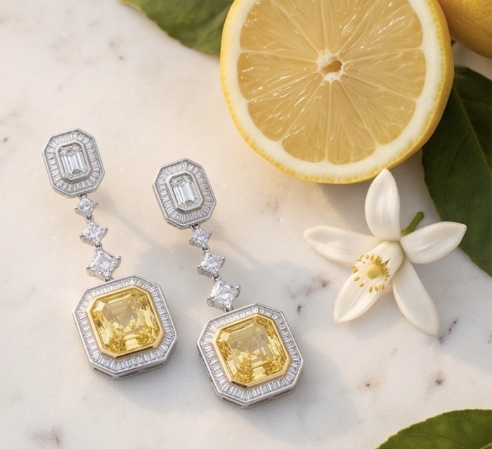 Art Deco - Luxurious asscher cut 20.5 carat Yellow Sapphire 18K Gold over .925 Sterling Silver handcrafted earrings - Yellow sapphire earrings with lemon and flower detail on marble surface