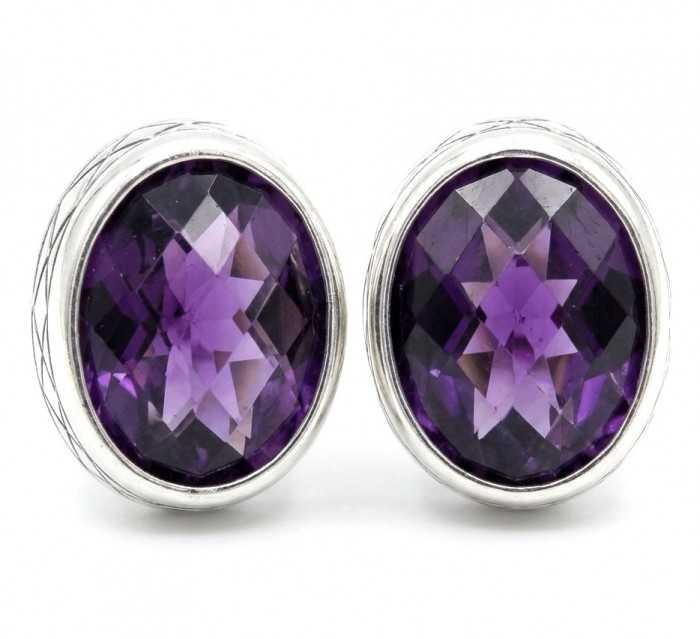 Deep Purple Genuine 6.8 carat Brazilian Amethyst rhodium over .925 Sterling Silver handcrafted earrings - Close-up of deep purple amethyst earrings in rhodium-plated setting.