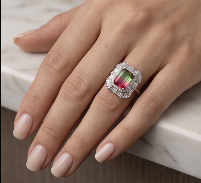 4.8 carat Brazilian Tourmaline .925 Sterling Silver dipped in rhodium Perfectly handcrafted Ring s. 8 - Tourmaline ring in sterling silver worn on hand, top view.