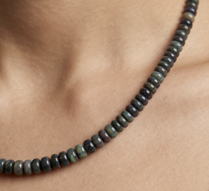 Mystery 22.2 carat Black Opal .925 Sterling Silver .925 Sterling Silver Statement Necklace - Black Opal necklace close-up, worn on neck