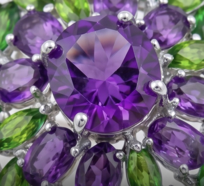 Rosaria Genuine 12.7 carat Brazilian Amethyst rhodium over .925 Sterling Silver handcrafted Statement Ring size 7 3/4 - Stone close-up of Rosaria Genuine 12.7 carat Brazilian Amethyst.