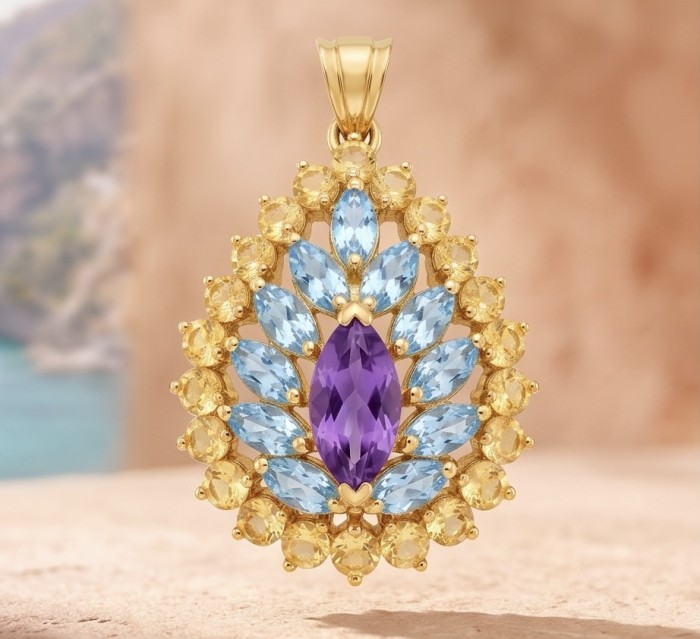 Natural 19.6 carat Fancy cut Amethyst 18K Gold over .925 Sterling Silver handmade pendant - Pendant featuring amethyst, topaz, and citrine set in gold, front view.