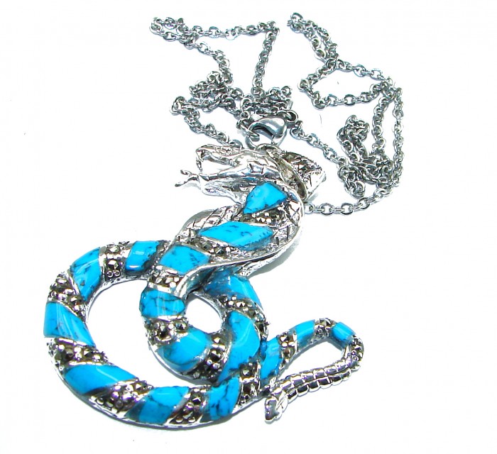 Boa snake Genuine inlay Turquoise Marcasite .925 Sterling Silver handmade handcrafted Necklace - photo 2