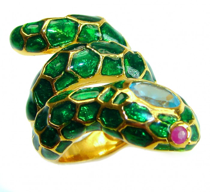Green Snake Ruby Enamel 18K Gold over .925 Sterling Silver Huge handcrafted Ring s. 5 3/4 - photo 4