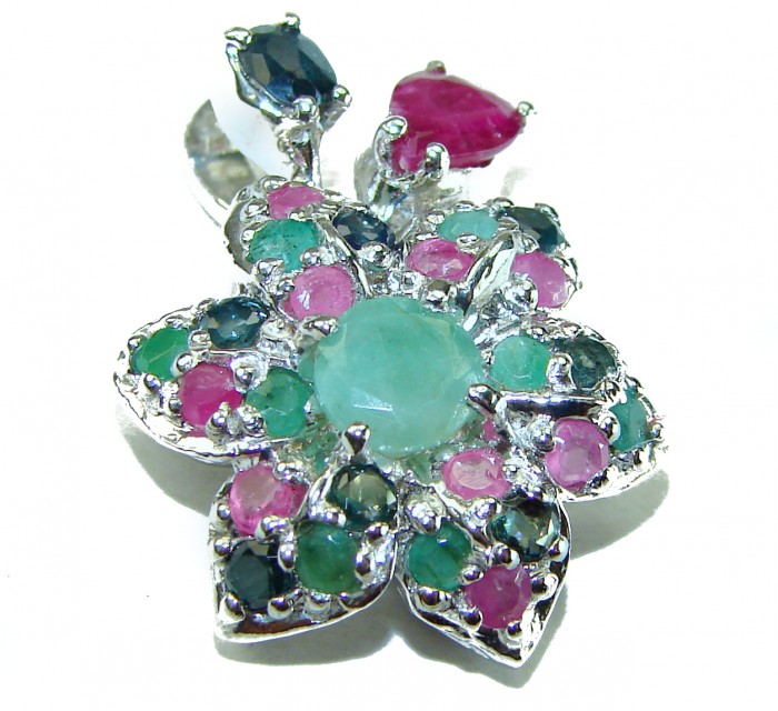 Precious Genuine 17.5 carat Emerald Ruby Sapphire .925 Sterling Silver handmade Pendant - photo 2