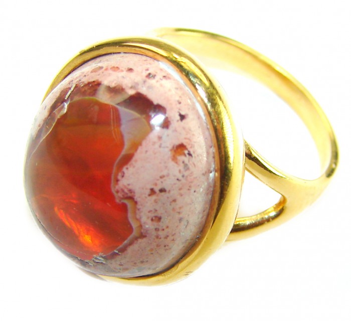 Inner Fire best quality 15.4 carat Mexican Opal 18K Gold over .925 Sterling Silver handmade ring 6 - Close-up of 15.4 carat Mexican Opal ring in 18K gold setting