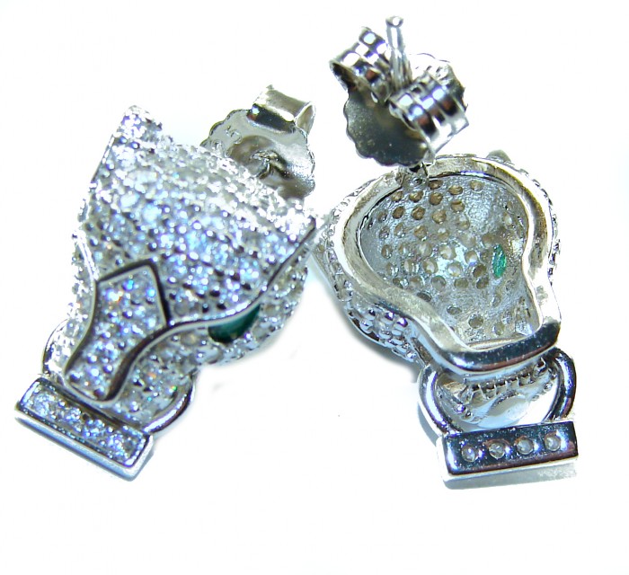 Precious Panthers 0.4 carat Emerald White Sapphire .925 Sterling Silver earrings - Close-up of Precious Panthers earrings with emerald and white sapphires.