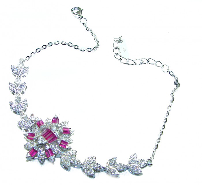 Art Deco - Precious Natural 18.5 carat Ruby .925 Sterling Silver handcrafted bracelet - Necklace with rubies and sterling silver, showing side view and clasp.