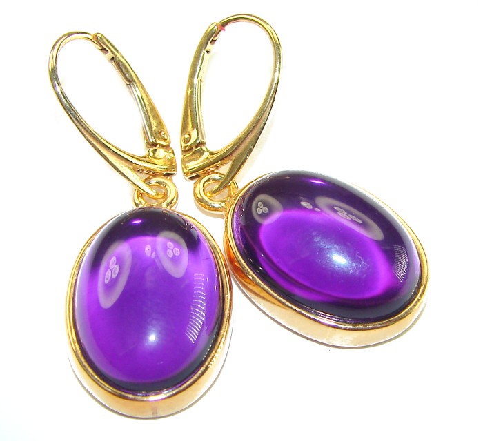 Lavender Beauty authentic 10.2 carat Amethyst 14K Gold over .925 Sterling Silver handcrafted earrings - Close-up of Lavender Beauty Amethyst earrings in 14K gold settings.