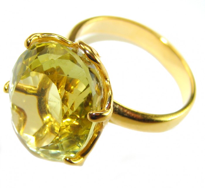 Solid 11.8 carat Genuine Lemon Quartz 14K Gold over .925 Sterling Silver handcrafted ring size 6 - Lemon quartz ring in 14K gold over silver, stone close-up.