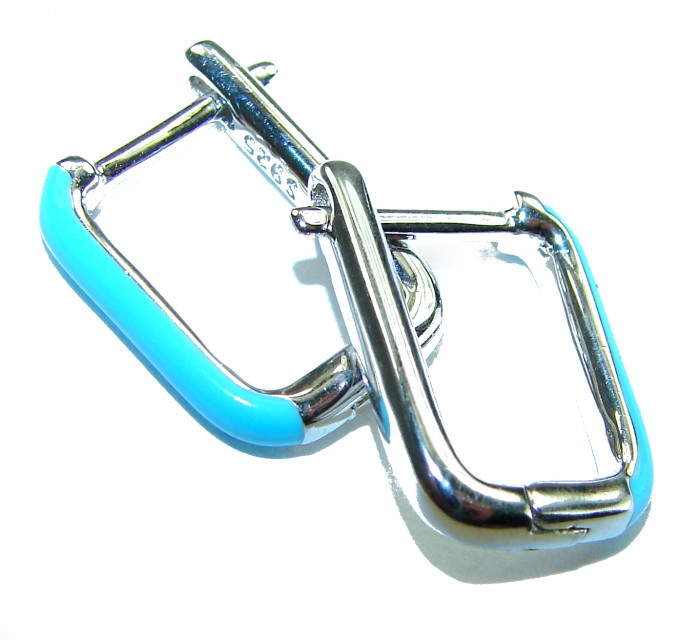 0.5 carat Ruby blue enamel .925 Sterling Silver handcrafted hoop earrings - Clasp detail of blue enamel sterling silver jewelry with ruby accents.