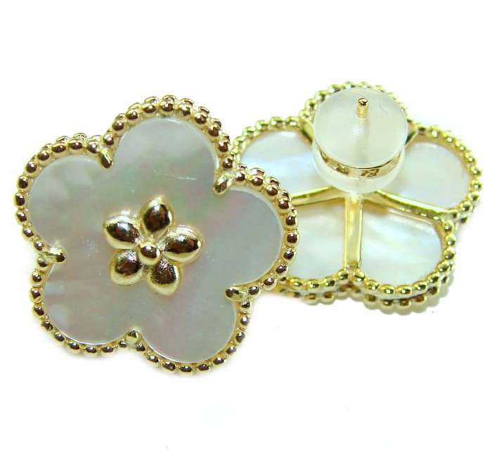Genuine Blister Pearl 14K Gold over .925 Sterling Silver handcrafted Statement Earrings - Flower earrings close-up, showing pearl and gold details.