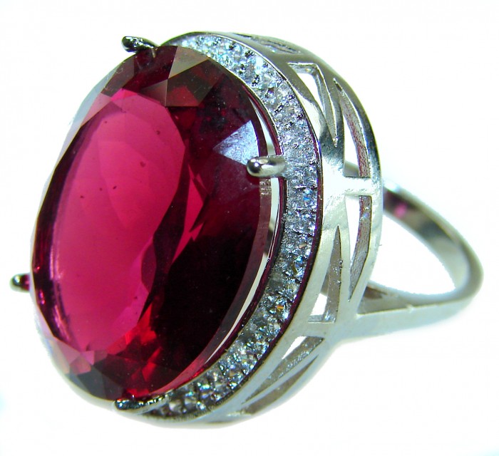 Bella Rosa Genuine 29.8 CARAT Red TOPAZ .925 Sterling Silver Large Statement Ring size 6 1/4 - Close-up of Bella Rosa red topaz ring with sterling silver setting