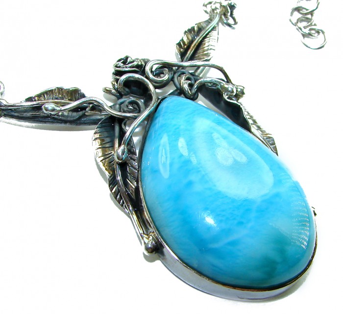 Glorious Nature Best quality authentic 47.5 carat Larimar . 925 Sterling Silver handmade necklace - Close-up of 47.5 carat Larimar pendant with ornate silver detailing