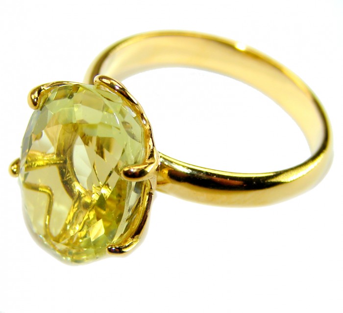 Solid 10.8 carat Genuine Lemon Quartz 18K Gold over .925 Sterling Silver handcrafted ring size 8 3/4 - Side view of 10.8 carat lemon quartz ring in 18K gold over sterling silver