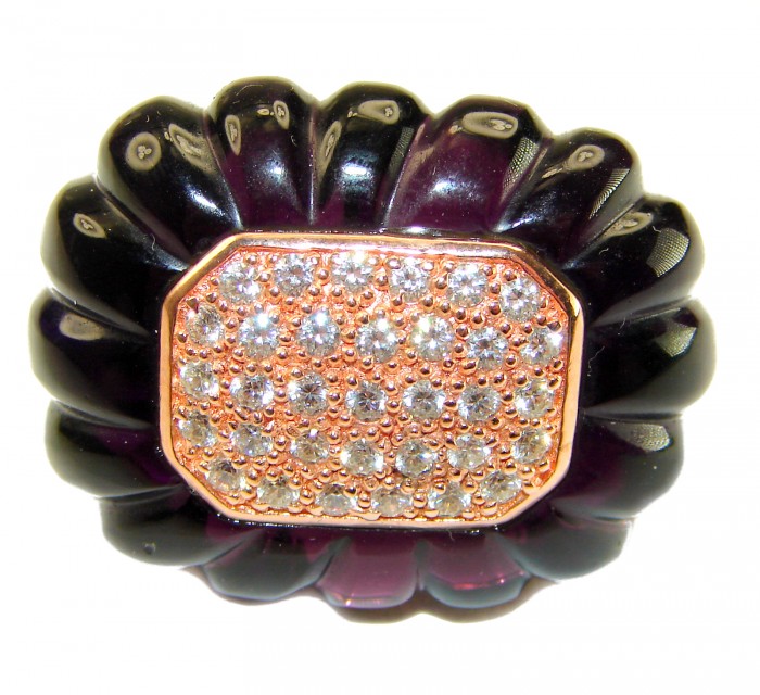 Extravaganza Huge 28.5 carat carved Amethyst .925 Sterling Silver dipped in 22K Gold handcrafted STATEMENT ring; s. 7 1/4 - Front view of carved amethyst ring with sparkling stone accents.