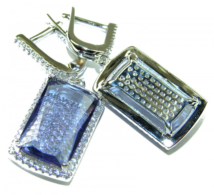 Splendid 12.5 carat Tanzanite .925 Sterling Silver Handcrafted Earrings - Close-up of Tanzanite earrings in sterling silver, front and back view