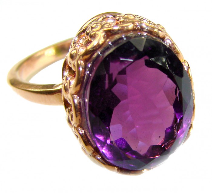 Purple Odyssey 9.5 carat natural Purple Amethyst 18K Gold over .925 Sterling Silver Handcrafted Ring size 8 3/4 - Close-up of purple amethyst ring set in ornate 18K gold.