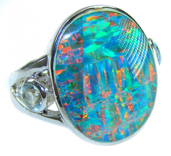 Endless Ocean Genuine 18.2 carat Australian Opal .925 Sterling Silver handmade Ring size 6 - Close-up of Endless Ocean Australian opal ring in .925 sterling silver