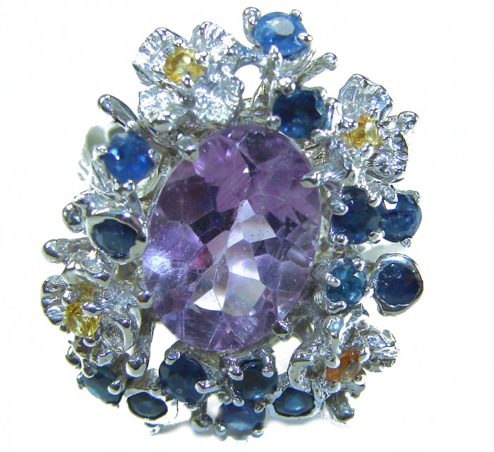 Elizabeth - Precious Natural 14.5 carat Amethyst from Uruguay Rhodium over .925 Sterling Silver Handcrafted Ring size 7 3/4 - Close-up of Elizabeth ring with 14.5 carat Uruguayan amethyst centerpiece.