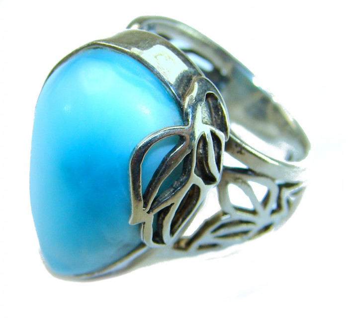16.9 carat Blue Perfection natural Larimar .925 Sterling Silver handmade Large ring size 6 adjustable - Stone close-up of 16.9 carat blue Larimar ring in sterling silver.