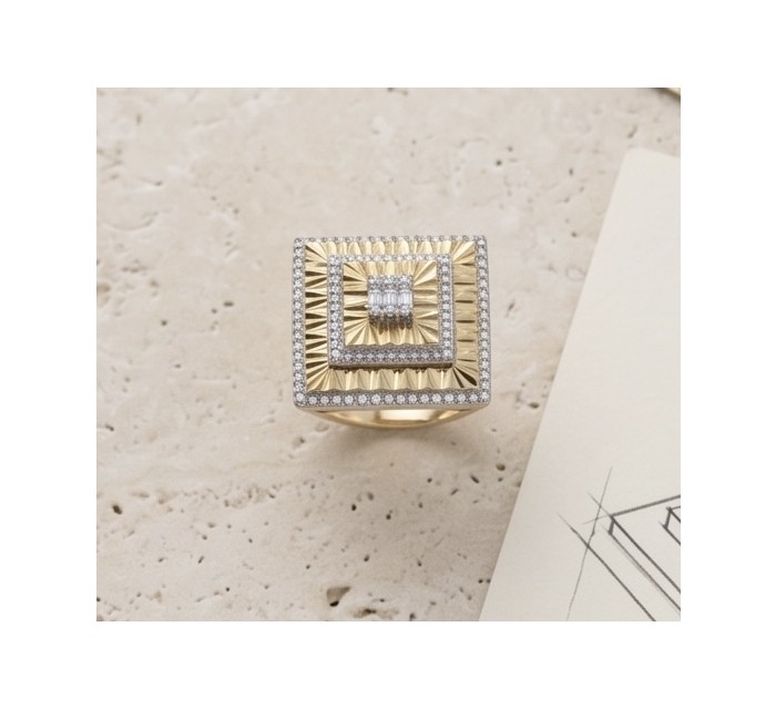 Art Deco 2.2 carat White Topaz 14K Gold over .925 Silver handcrafted Cocktail Ring s. 6 1/4 - Square Art Deco ring, top view, gold and white topaz details visible.