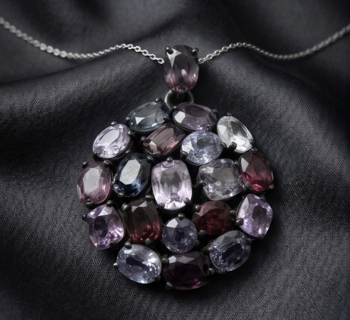 Colors of the Earth Precious Multigem .925 Sterling Silver dipped in black rhodium Pendant - Pendant with multicolored gemstones on silver chain against dark fabric.