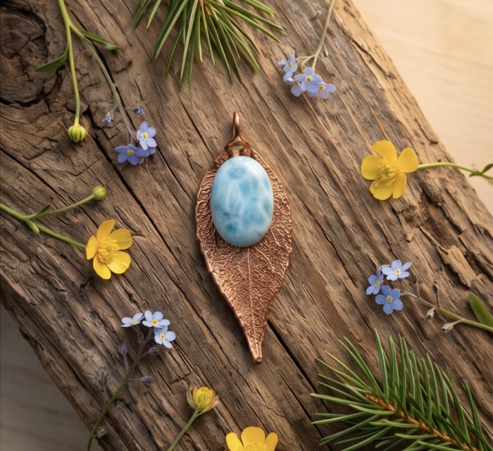 Stylish REAL Leaf dipped in gold REAL Larimar stone .925 Sterling Silver Pendant - Leaf pendant with Larimar stone on wood, surrounded by flowers, top view.