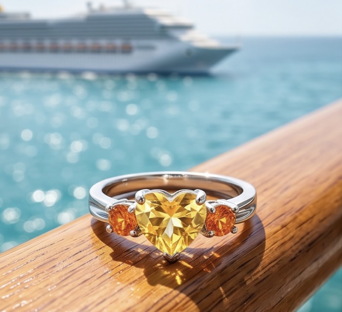 4.2 carat Brazilian Citrine .925 Sterling Silver handcrafted ring; s. 8 3/4 - Heart-shaped citrine ring close-up on wood railing by the sea.
