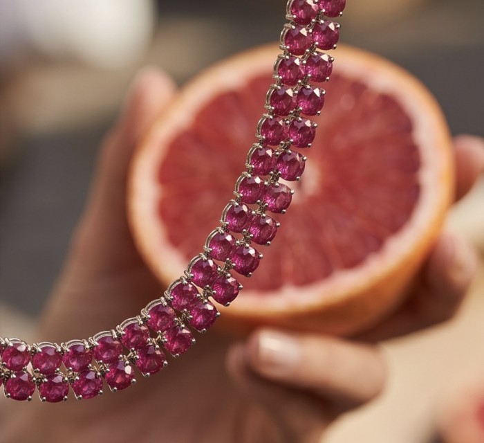 Giuseppina - Magnificent 74.5 carat authentic Ruby rhodium over .925 Sterling Silver handcrafted Statement necklace - Close-up of ruby necklace with grapefruit in background.