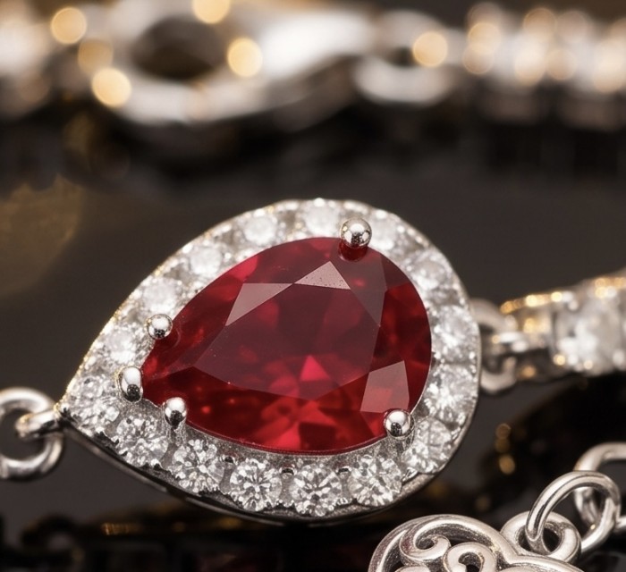 Giuseppina - Magnificent 15.7 carat authentic Ruby rhodium over .925 Sterling Silver handcrafted Statement Bracelet - Stone close-up of Giuseppina ruby with diamond accents.
