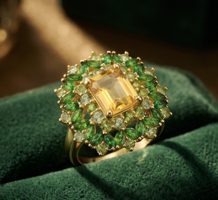 Emily 10.2 carat Brazilian Citrine Tsavorite Garnet .925 Sterling Silver dipped in real 22K Gold handcrafted ring; s. 8 - Close-up of citrine and tsavorite garnet ring on green background.