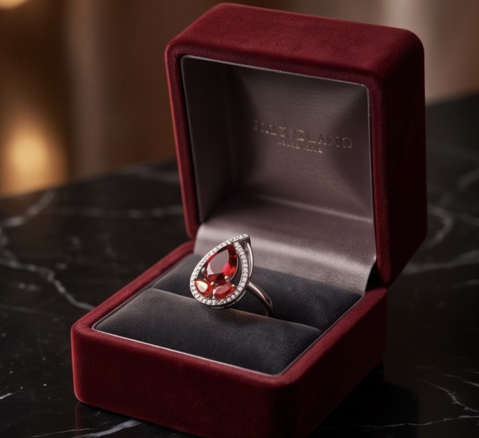 Classy design - baquette cut 6.7 carat natural Ruby .925 Sterling Silver Perfectly handcrafted Ring s. 9 - Ruby ring in open red velvet box, angled front view