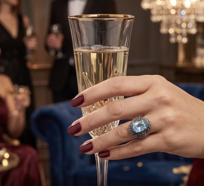 Massive Angel Blue 25.8 carat Aquamarine Marcasite .925 Sterling Silver handcrafted ring size 8 - Hand wearing 25.8 ct aquamarine ring, holding champagne glass.