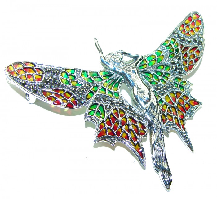 Natural Enamel Eagle .925 Sterling Silver Brooch Pendant - photo 4