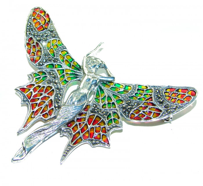 Natural Enamel Elf .925 Sterling Silver Brooch Pendant - Colorful enamel elf brooch pendant, top view, silver detailing.