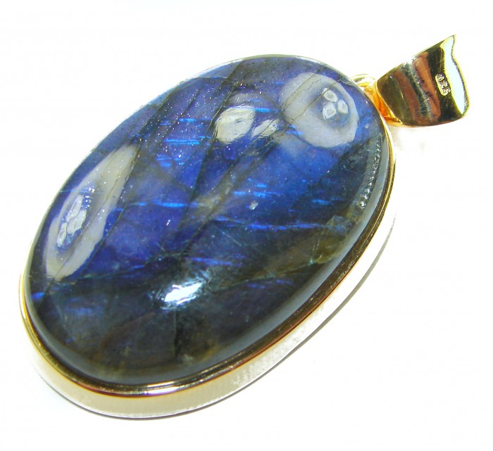 Magical Aurora SILKY Fire Labradorite 14K Gold over .925 Sterling Silver handcrafted Pendant - Labradorite pendant close-up, gold setting detail.