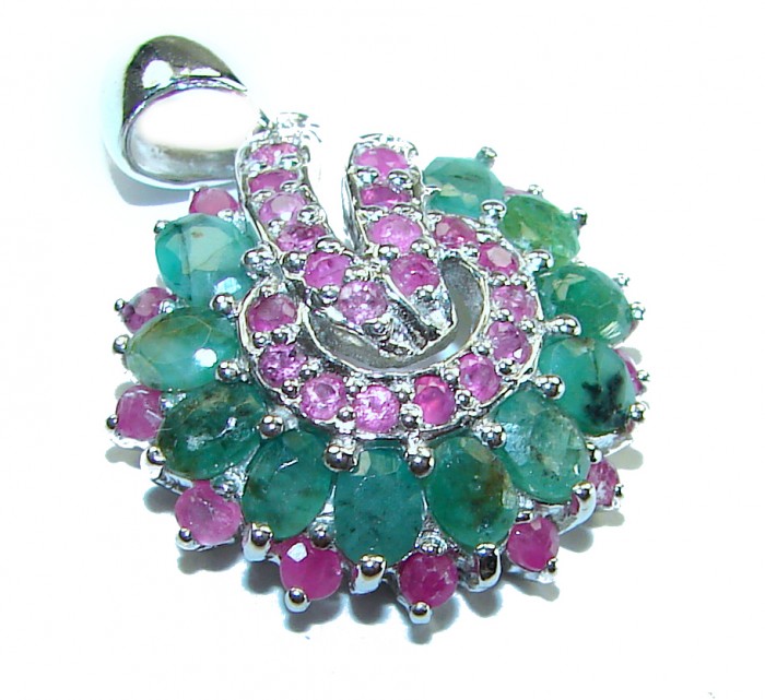 Treasure 11.5 carat Emerald Ruby .925 Sterling Silver handcrafted Pendant - Close-up of emerald and ruby pendant in sterling silver.