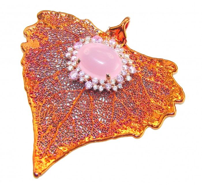 Rain Drop REAL Leaf dipped in copper Boulder Opal & .925 Sterling Silver Pendant - Close-up of copper-leaf pendant with pink opal and stone accents.