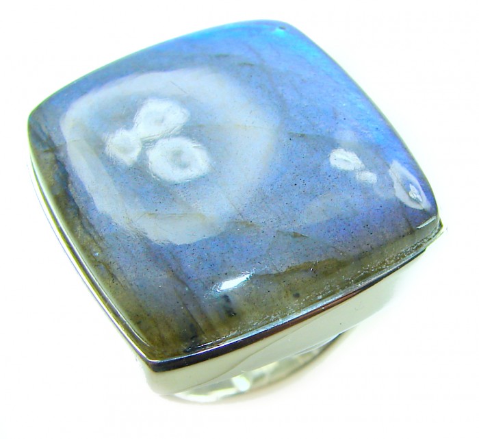Shimmering Natural Labradorite .925 Sterling Silver handcrafted Large ring size 8 adjustable - Close-up of shimmering labradorite ring in sterling silver.