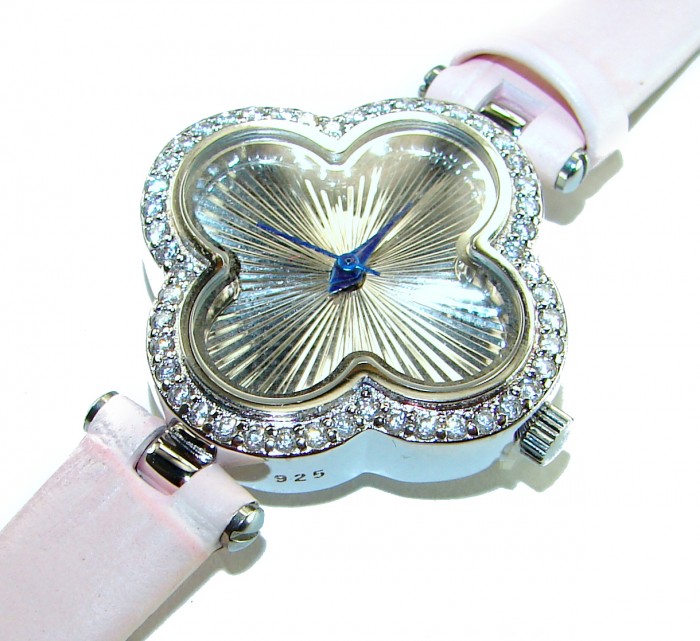 Precious Four Leaf Clover Genuine Leather strap .925 Sterling Silver handmade Watch - Four-leaf clover watch, gemstone bezel, pink leather strap, top view.