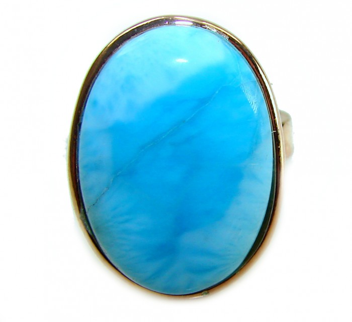 Blue Perfection AAAA QUALITY Blue Larimar 18K Gold over .925 Sterling Silver handmade Large ring size 8 adjustable - Close-up of Blue Larimar ring set in 18K gold